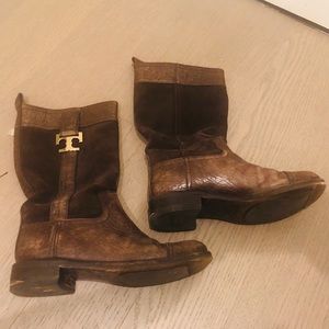 Tory Burch Mid Calf Distressed Leather/Suede Boot